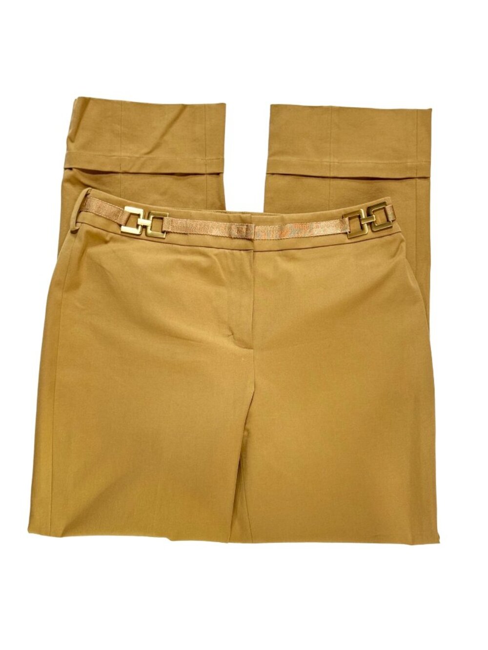 PER SE Women's Tan Dress Pants Gold Trim Belt Cotton Stretch Fly Zip Size 12